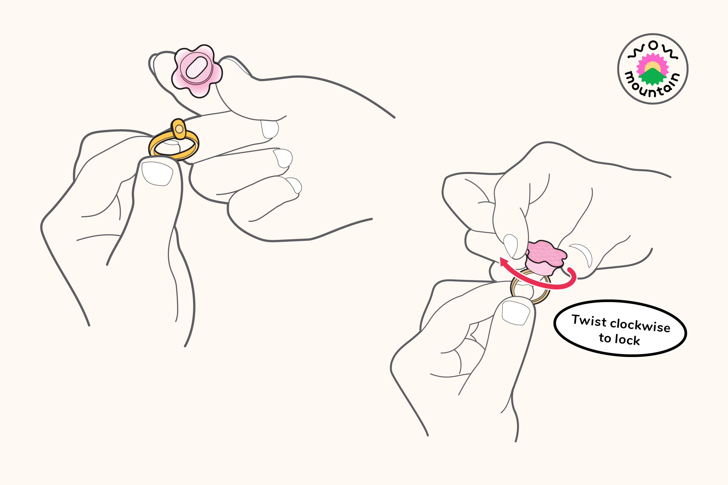 Illustrations of how to twist ring top onto Wow Mountain interchagenable ring